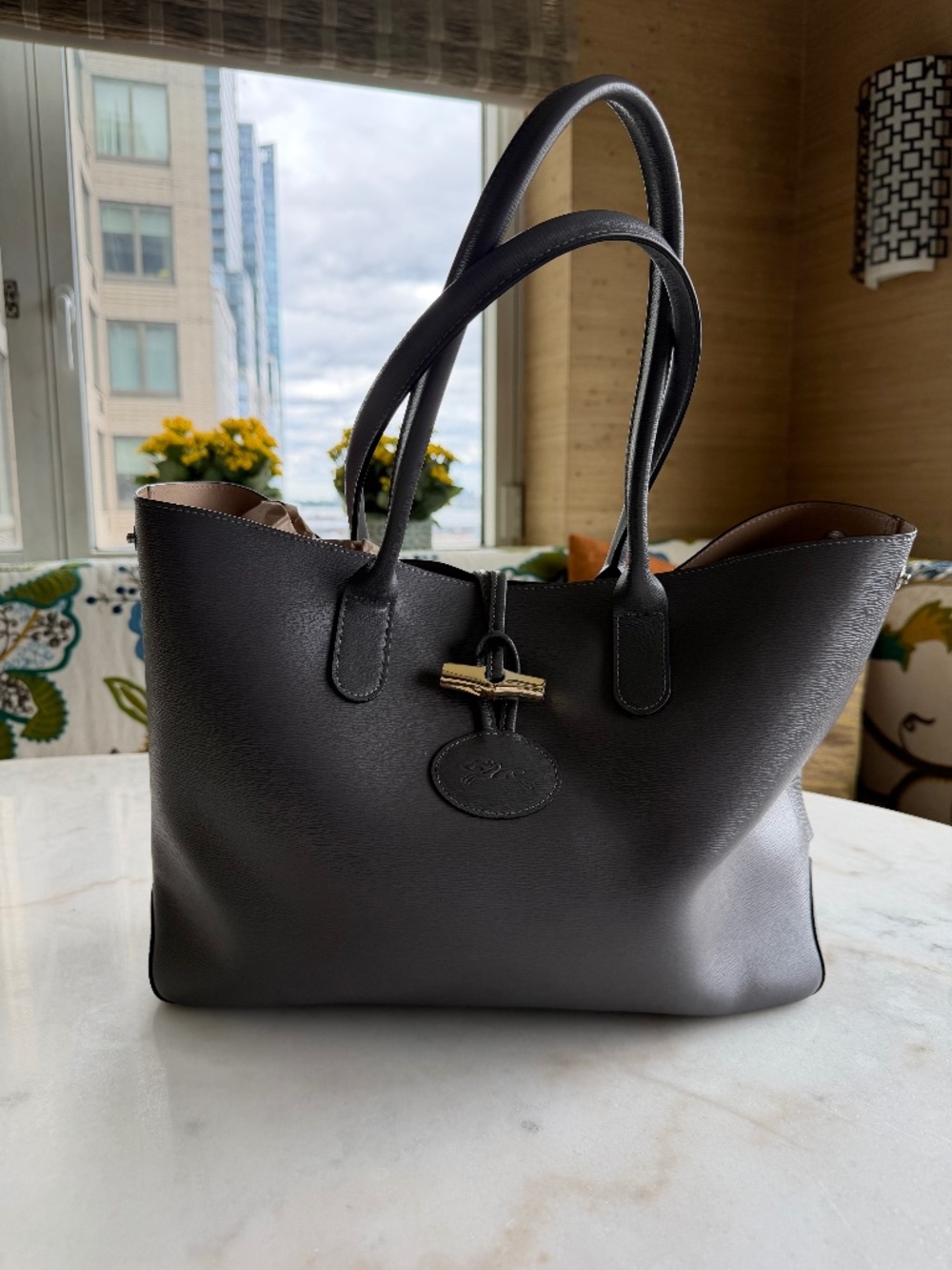 Longchamp Paris Le Roseau L Calfskin Shopper Tote Bag - Grey Leather